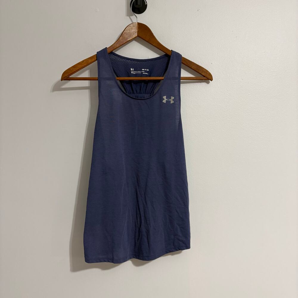 Women's Small Under Amour Loose Fit Long Tank Blue Racerback Athletic